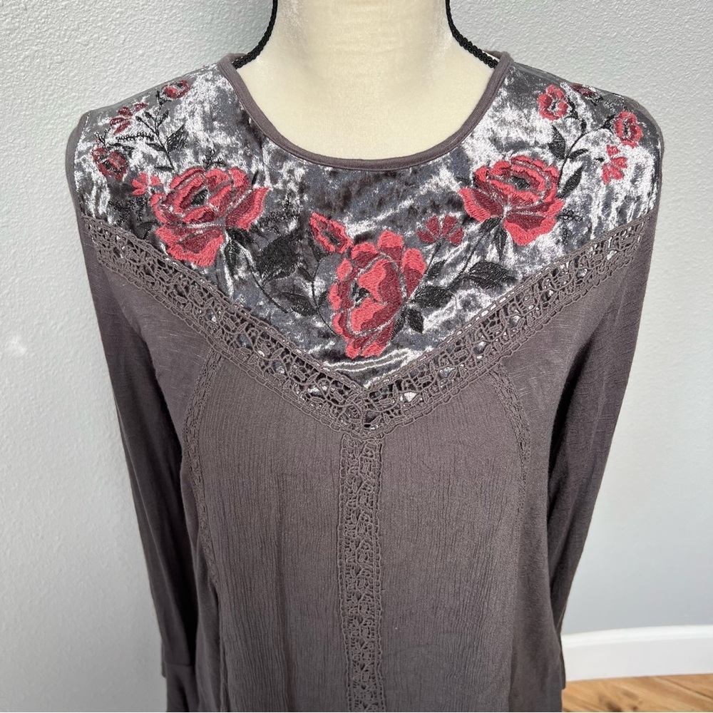 Altar'd State Charcoal Blouse with Burgundy Floral Embroidery